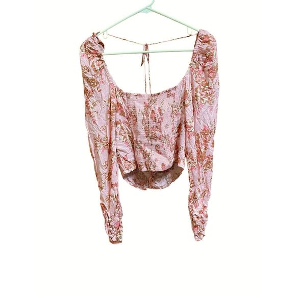Free People Hilary Printed Top Size Small Pink Combo Smocked Back Blouse NWT $98 - Picture 4 of 11